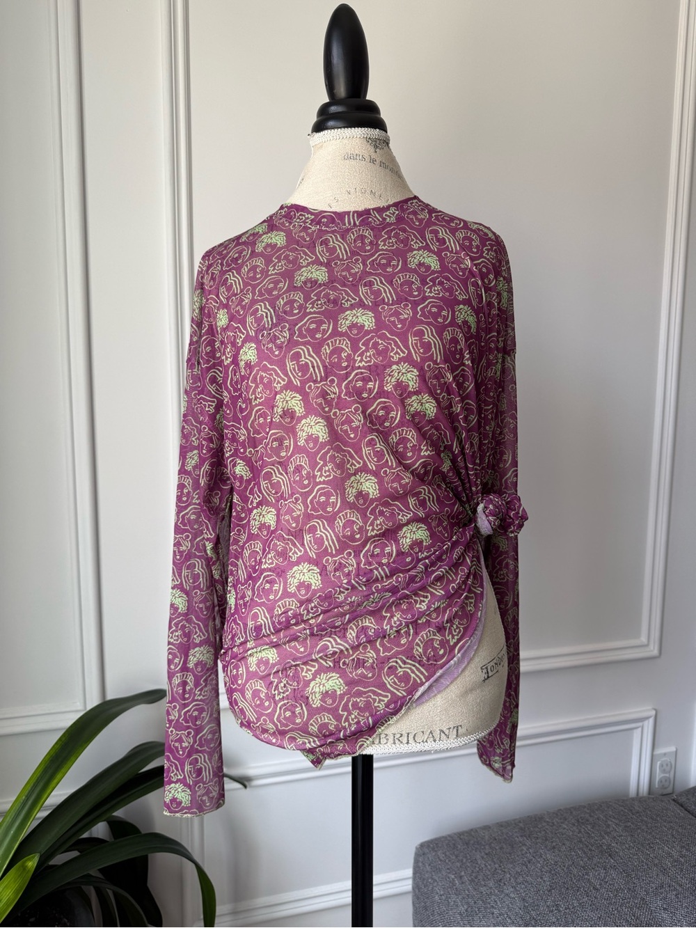 Purple Green Print Long-Sleeve Mesh Top
